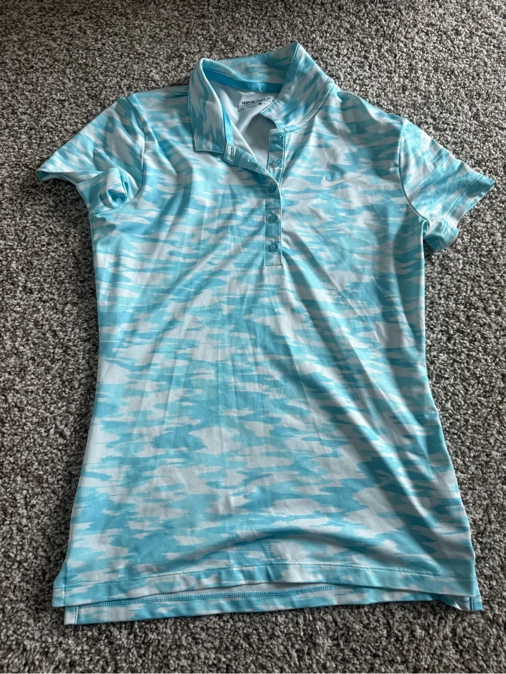 Nike Women’s Aqua and White Camo Short-Sleeve Button-Down Top